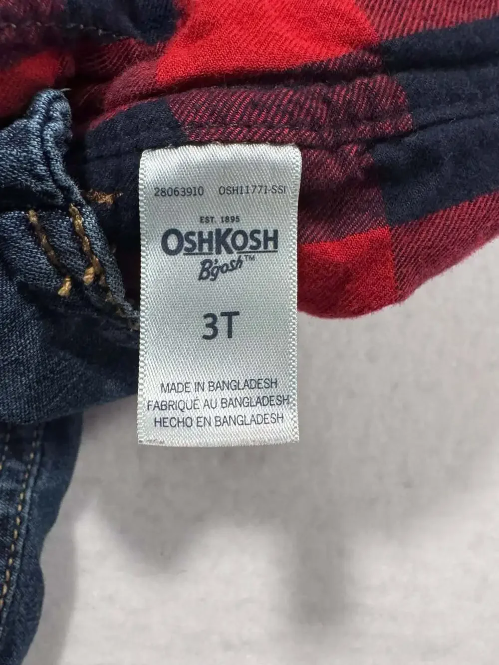 OshKosh B’gosh Toddler Denim Bib Overalls Red Plaid Lined Size 3T